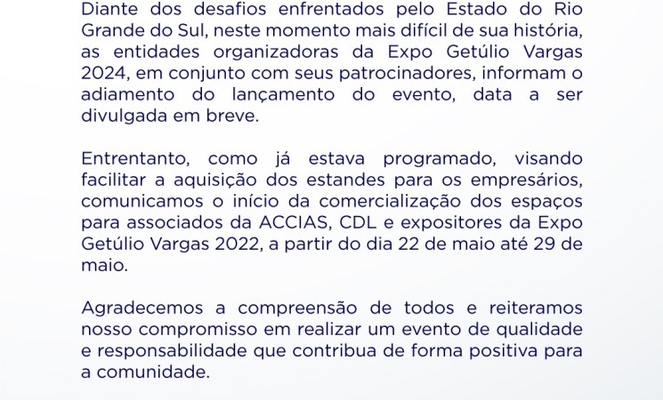 Enchentes no RS adiam lançamento da Expo Getúlio Vargas 2024