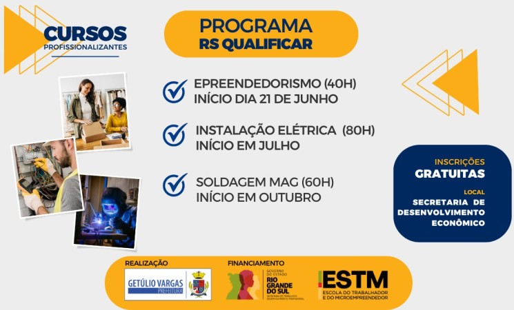 Prefeitura de Getúlio Vargas abre inscrições para cursos gratuitos do programa RS Qualificação