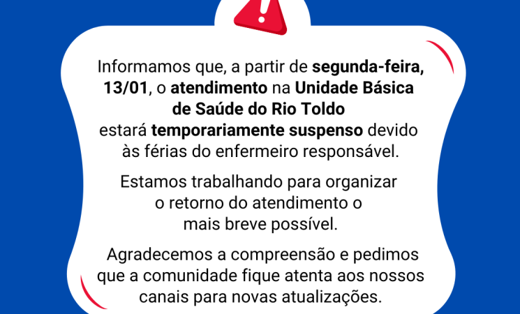 Unidade Básica de Saúde do Rio Toldo ficará sem atendimento temporariamente a partir do dia 13 de janeiro