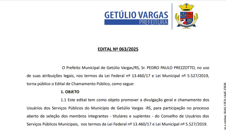 Edital de Chamamento Público - Usuários dos Serviços Públicos do Município de Getúlio Vargas -RS