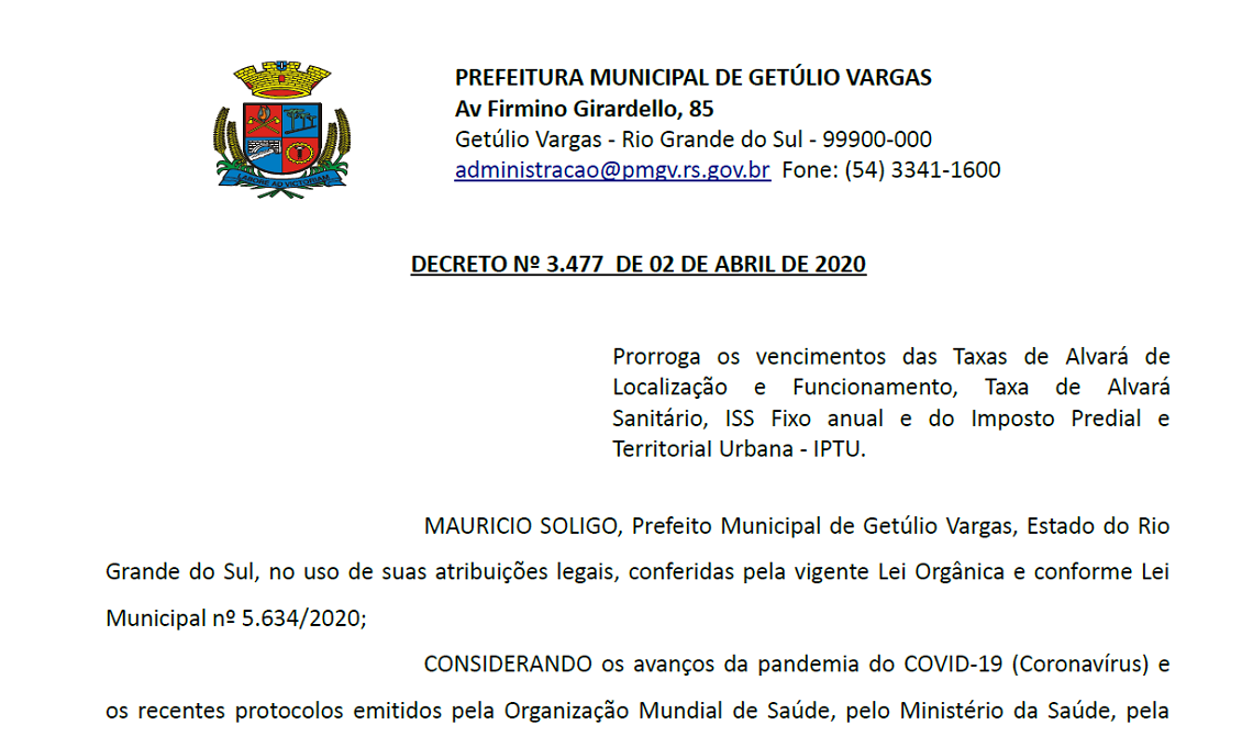 DECRETO 3477 prorroga vencimento IPTU ALVARÁ