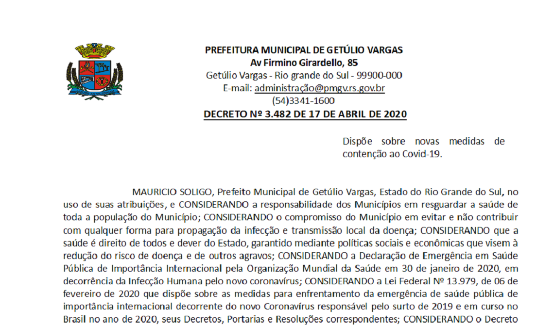 Novo decreto do Governo Municipal permite a bertura do comércio em Getúlio Vargas – Decreto 3482 COVID