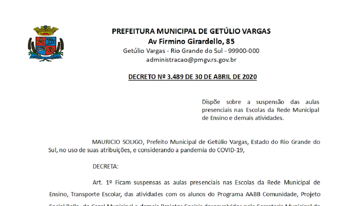 Decreto 3489 suspensão das aulas presenciais nas Escolas da Rede Municipal de Ensino e demais atividades