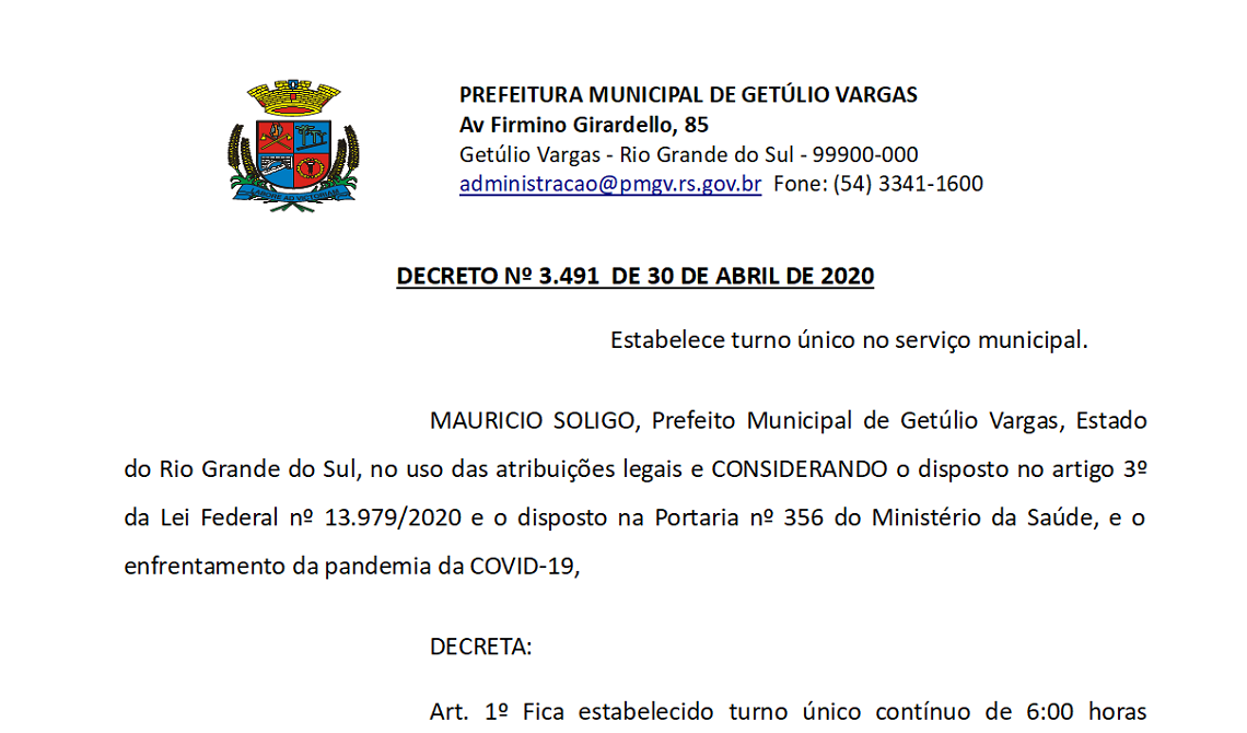 Decreto 3491 Estabelece turno único no serviço municipal