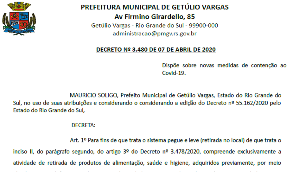 Decreto 3480 Dispõe sobre novas medidas de contenção ao Covid-19