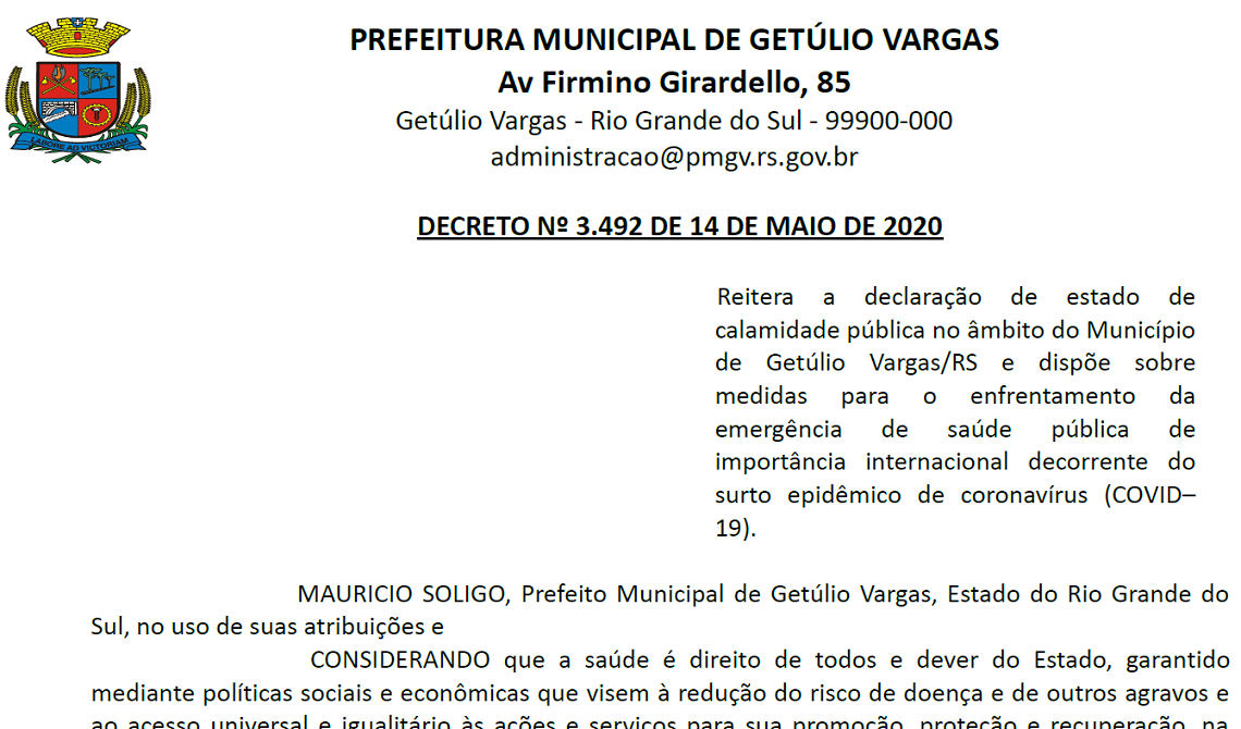 Decreto 3492 Reitera a declaração de estado de calamidade pública covid