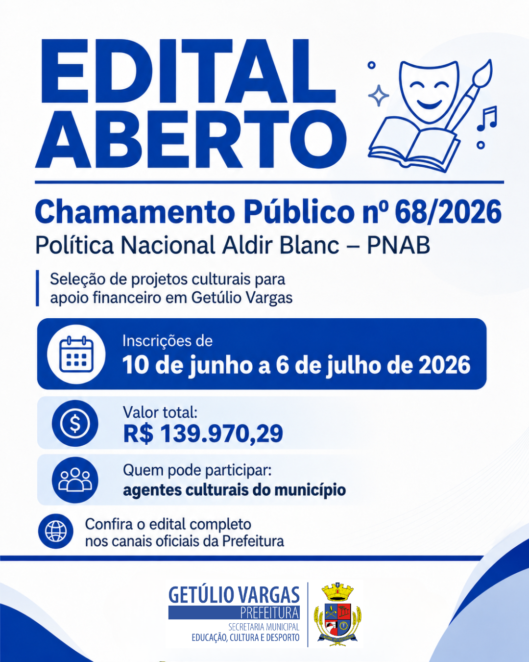 Prefeitura de Getúlio Vargas abre edital da Política Nacional Aldir Blanc com mais de R$ 139 mil para projetos culturais