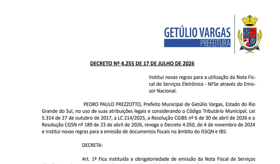 DECRETO Nº 4.255 DE 17 DE JULHO DE 2026 – Institui novas regras para a utilização da Nota Fiscal de Serviços Eletrônica