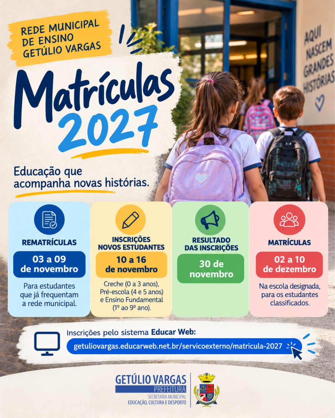Prefeitura de Getúlio Vargas divulga calendário de rematrículas e matrículas para 2027 da rede municipal de ensino