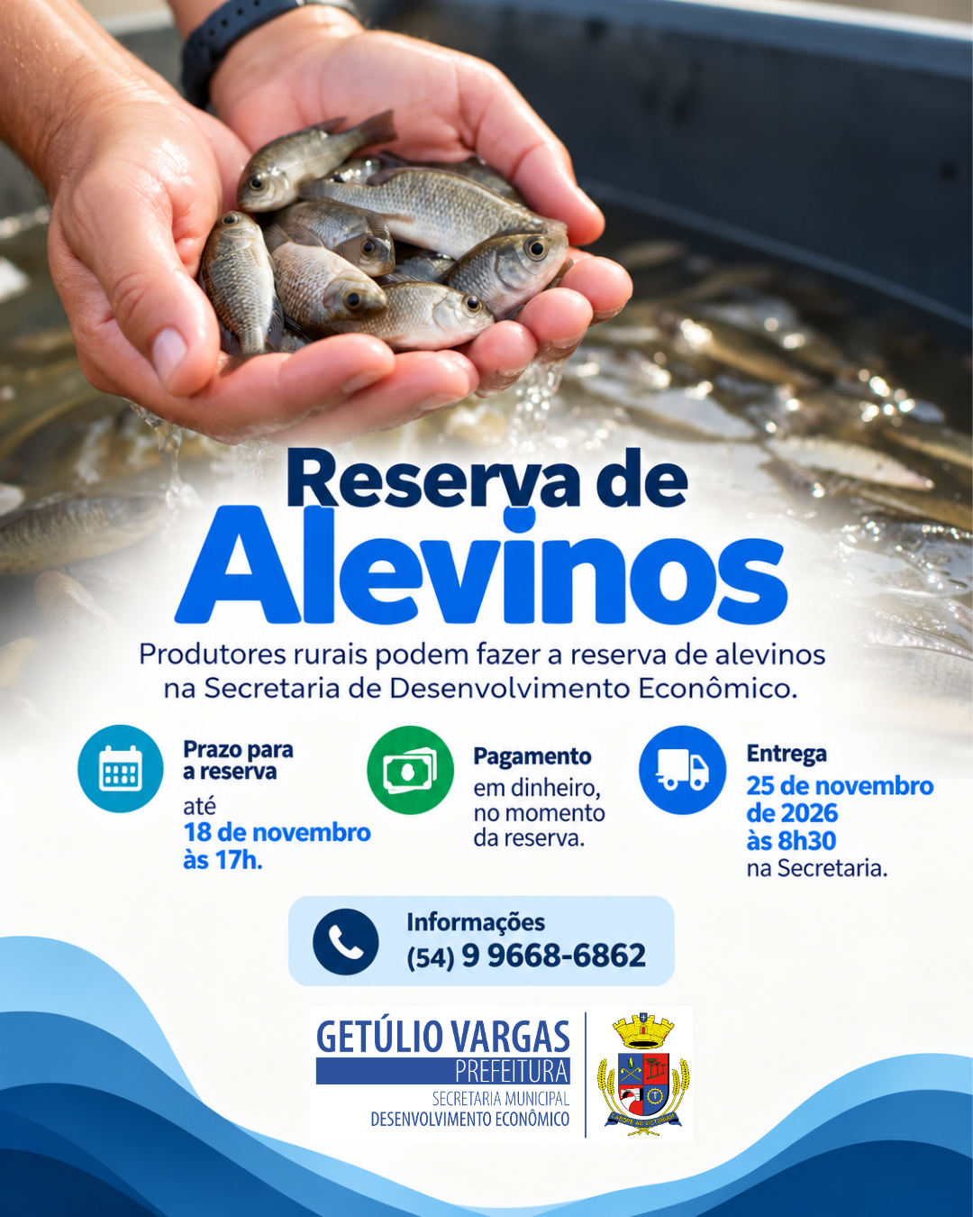 Produtores rurais podem reservar alevinos até 18 de novembro em Getúlio Vargas